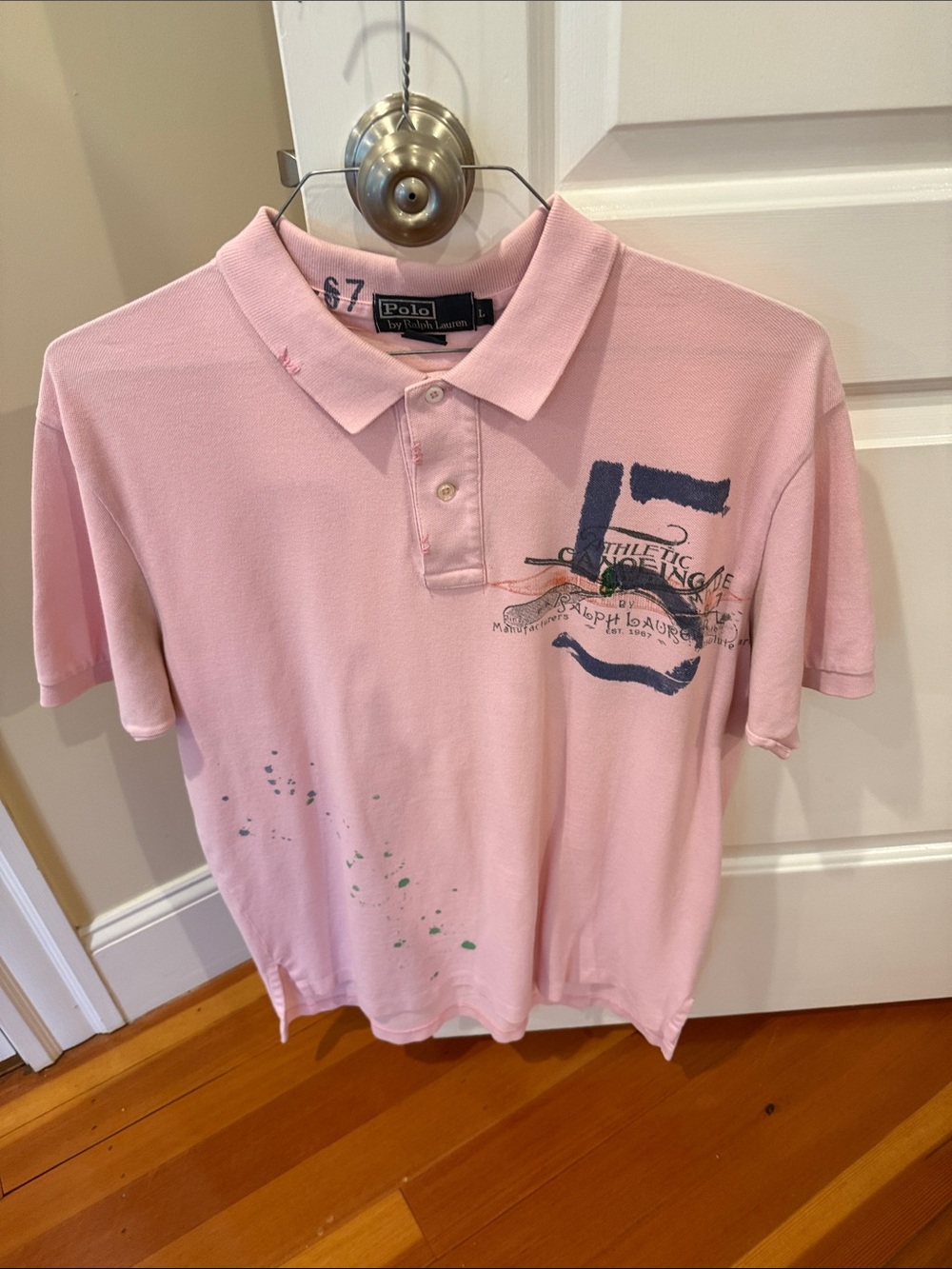 Polo by Ralph Lauren Light Pink Graphic Polo Shirt with Navy Print